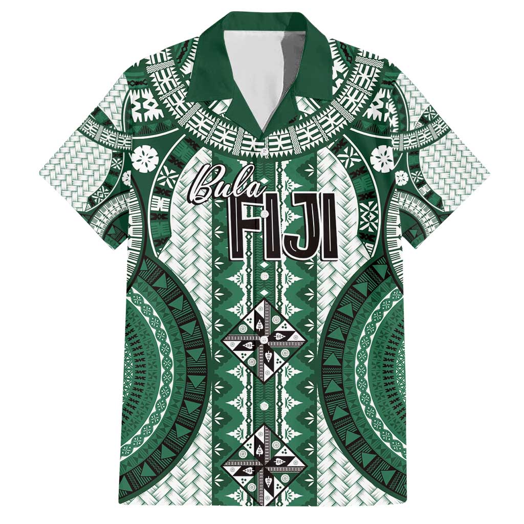 Bula Fiji Vintage Family Matching Short Sleeve Bodycon Dress and Hawaiian Shirt Phthalo Green Masi Motifs