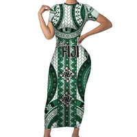 Bula Fiji Vintage Family Matching Short Sleeve Bodycon Dress and Hawaiian Shirt Phthalo Green Masi Motifs