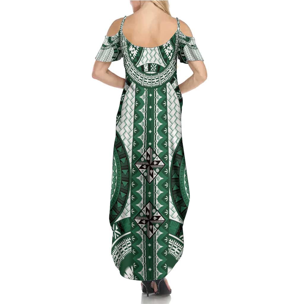 Bula Fiji Vintage Family Matching Summer Maxi Dress and Hawaiian Shirt Phthalo Green Masi Motifs