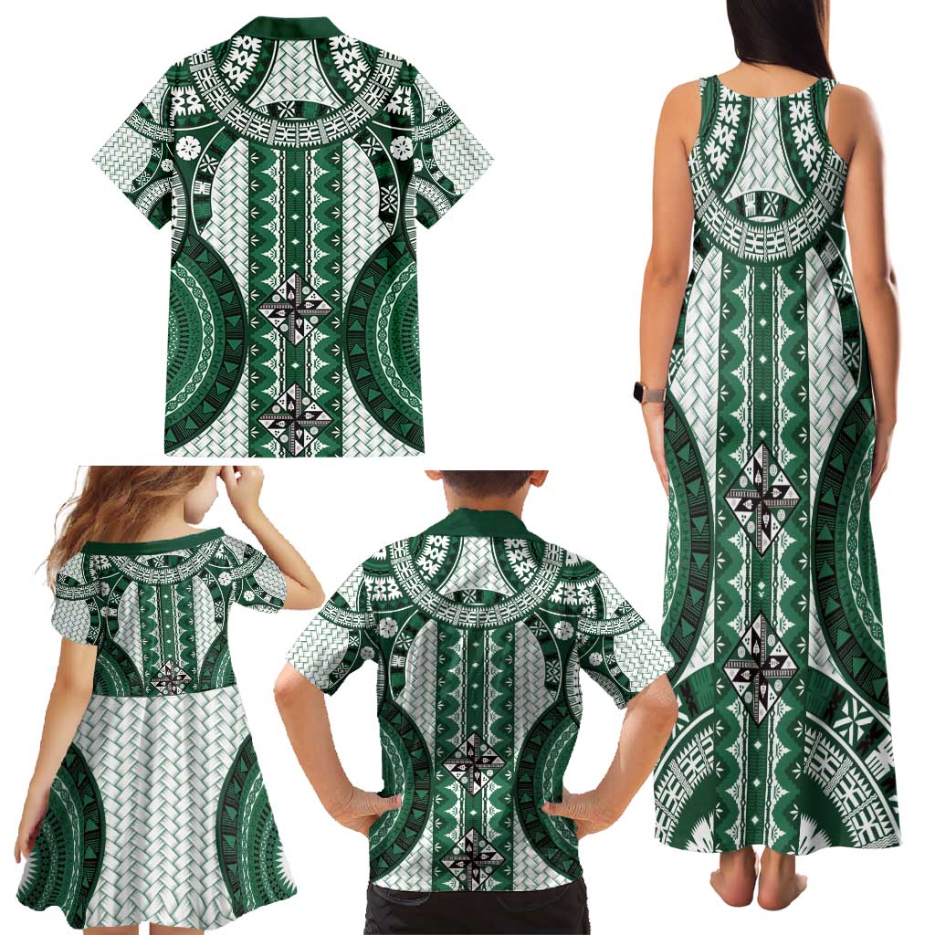 Bula Fiji Vintage Family Matching Tank Maxi Dress and Hawaiian Shirt Phthalo Green Masi Motifs