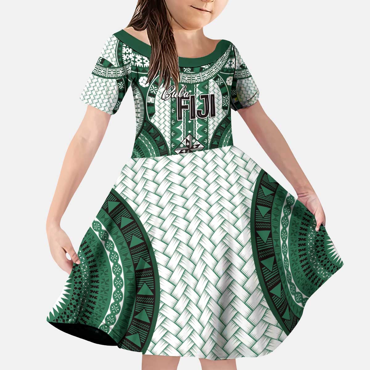 Bula Fiji Vintage Kid Short Sleeve Dress Phthalo Green Masi Motifs