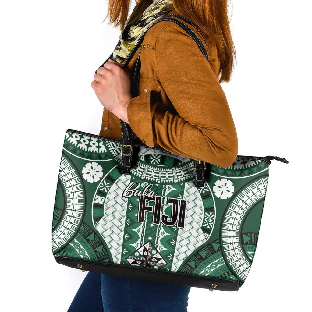 Bula Fiji Vintage Leather Tote Bag Phthalo Green Masi Motifs