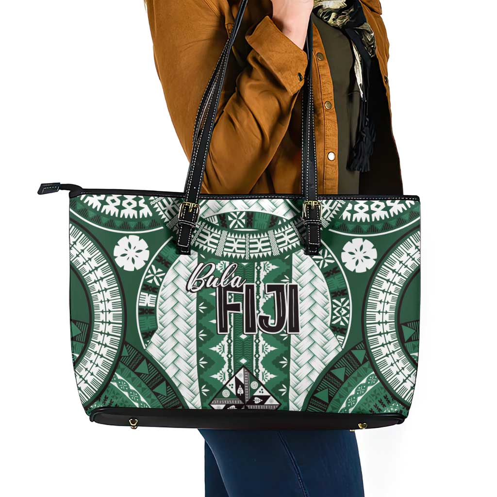 Bula Fiji Vintage Leather Tote Bag Phthalo Green Masi Motifs