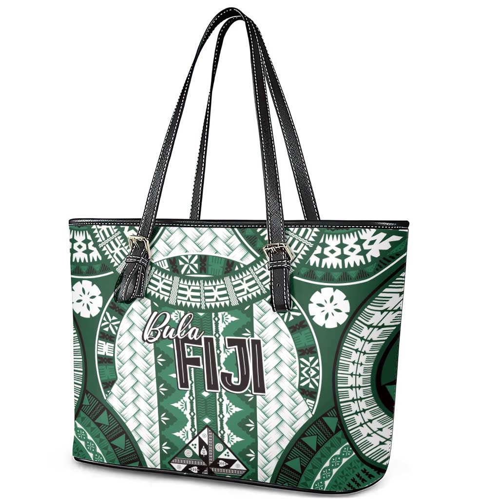 Bula Fiji Vintage Leather Tote Bag Phthalo Green Masi Motifs
