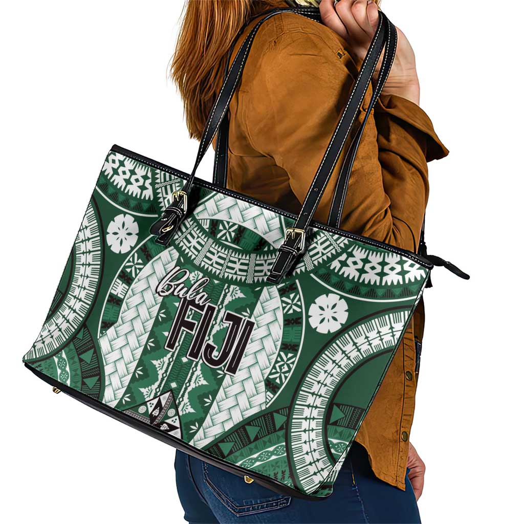 Bula Fiji Vintage Leather Tote Bag Phthalo Green Masi Motifs