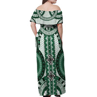 Bula Fiji Vintage Off Shoulder Maxi Dress Phthalo Green Masi Motifs