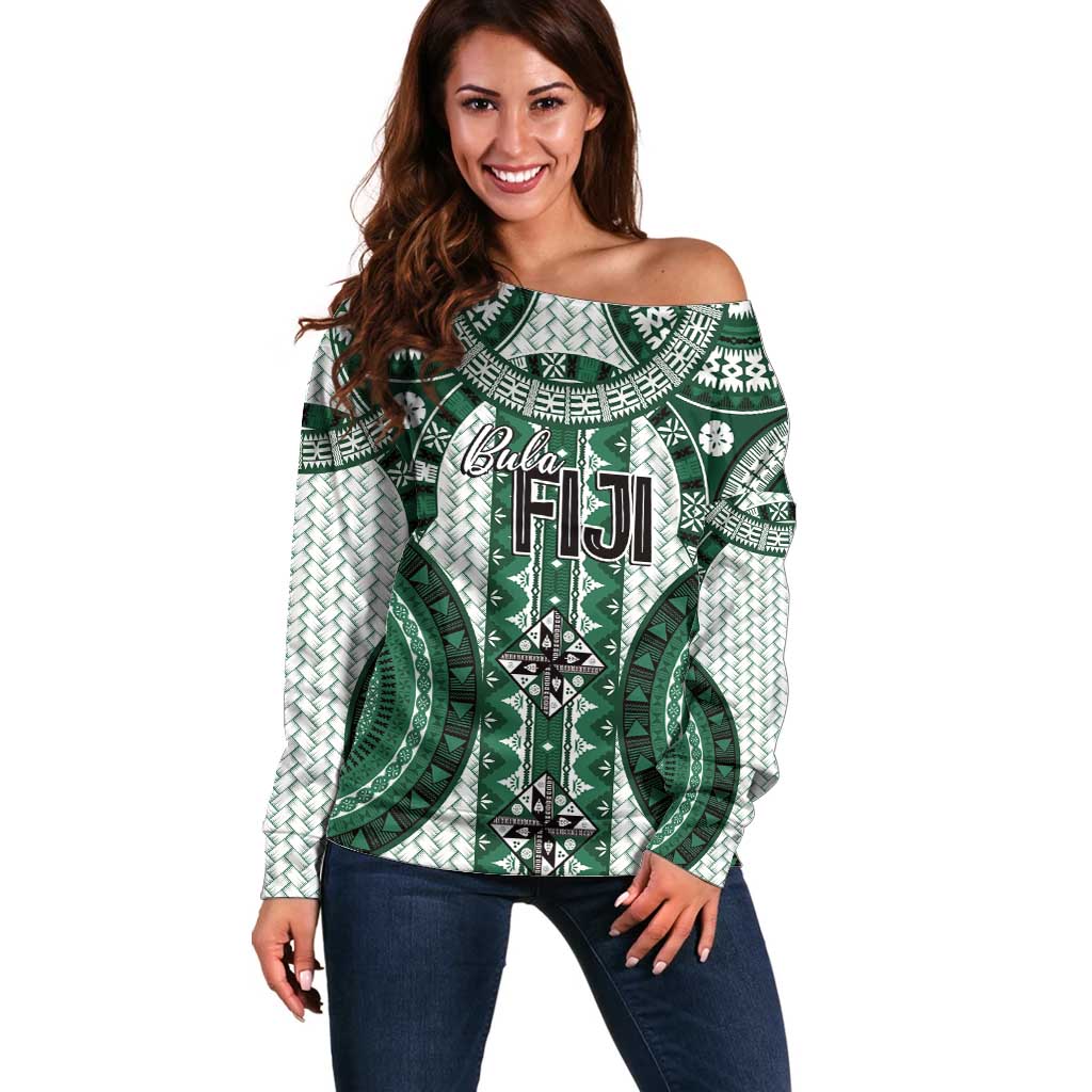 Bula Fiji Vintage Off Shoulder Sweater Phthalo Green Masi Motifs
