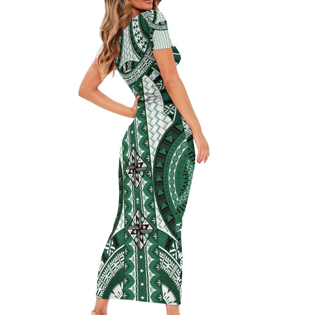 Bula Fiji Vintage Short Sleeve Bodycon Dress Phthalo Green Masi Motifs