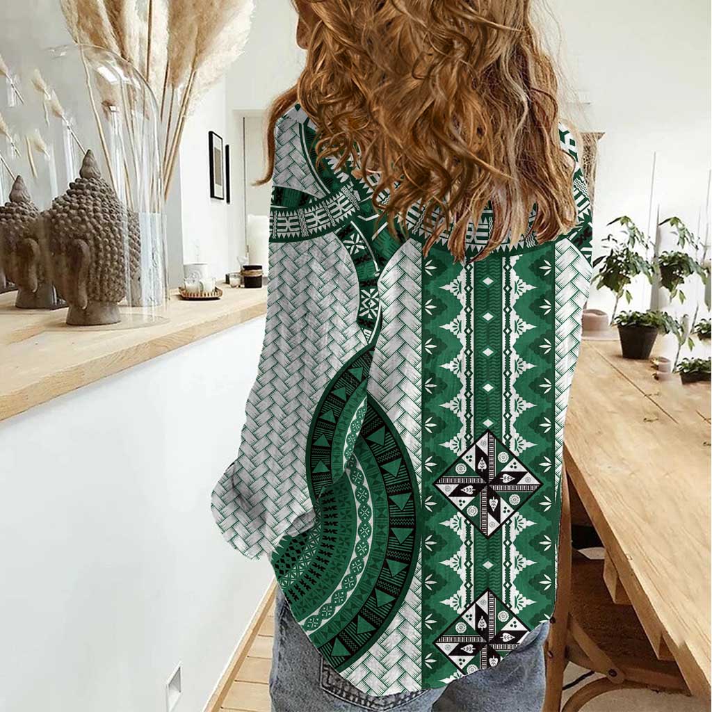 Bula Fiji Vintage Women Casual Shirt Phthalo Green Masi Motifs