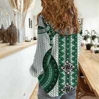 Bula Fiji Vintage Women Casual Shirt Phthalo Green Masi Motifs