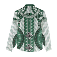 Bula Fiji Vintage Women Casual Shirt Phthalo Green Masi Motifs