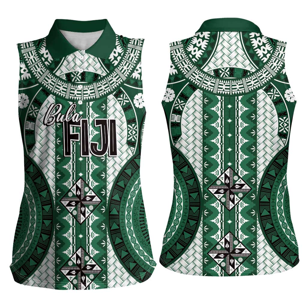 Bula Fiji Vintage Women Sleeveless Polo Shirt Phthalo Green Masi Motifs