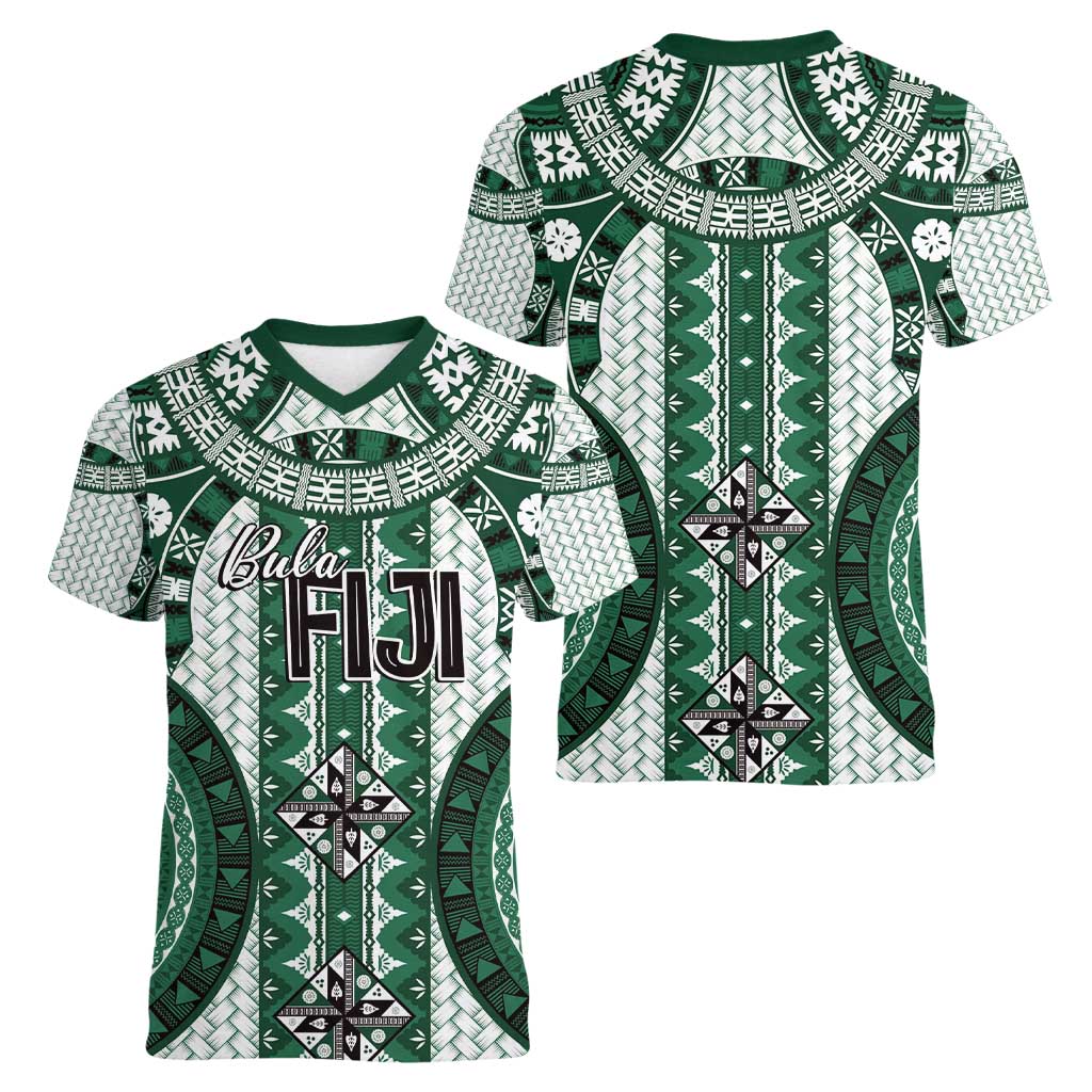 Bula Fiji Vintage Women V-Neck T-Shirt Phthalo Green Masi Motifs