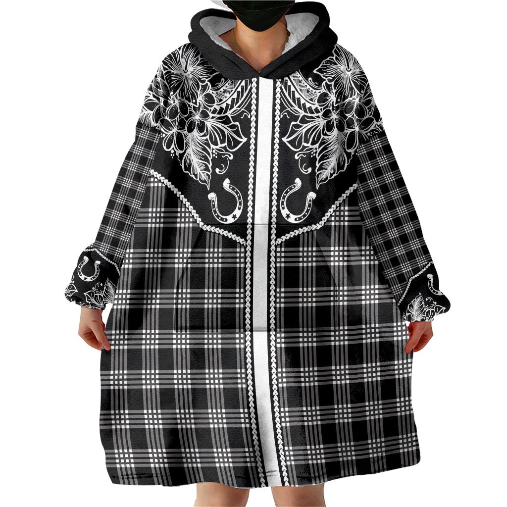 Hawai'i Paniolo Motif Black Wearable Blanket Hoodie Floral Palaka Print LT7 - Polynesian Pride