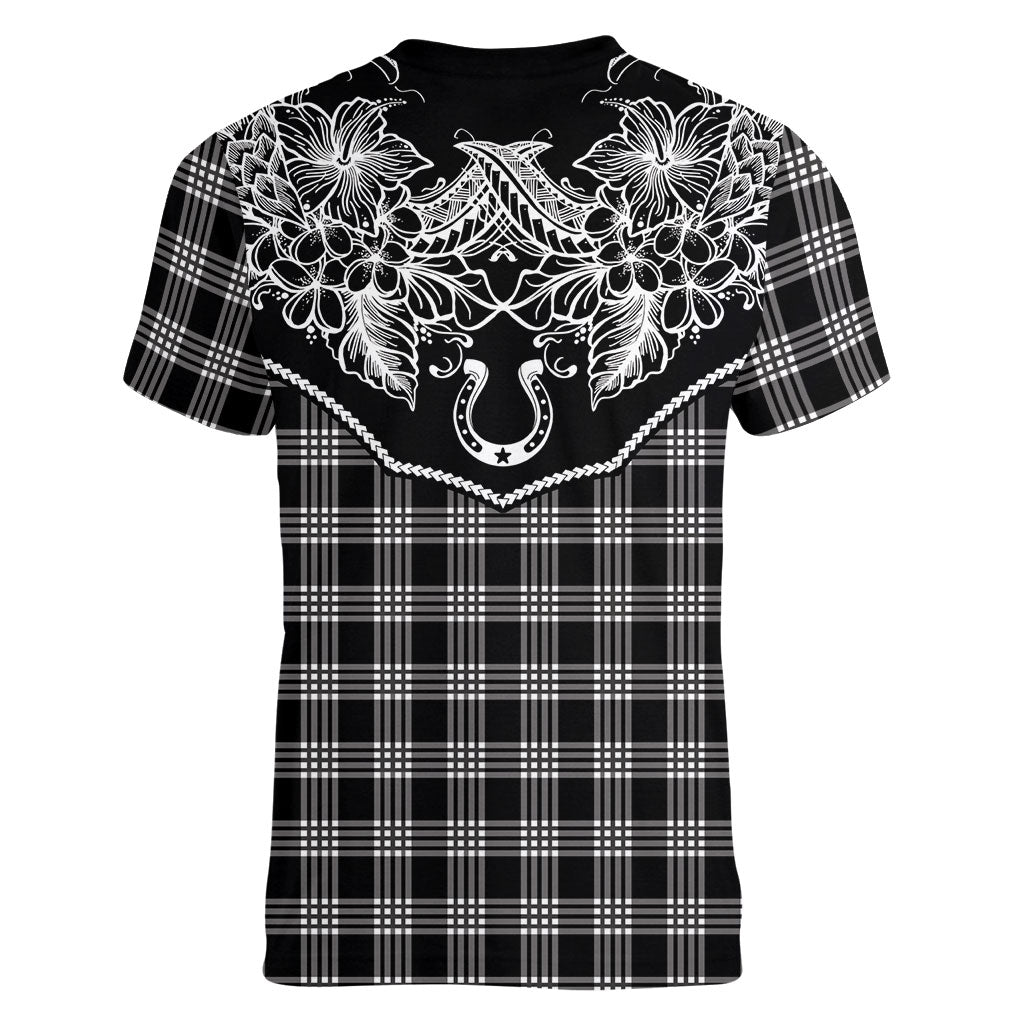 Hawai'i Paniolo Motif Black Women V-Neck T-Shirt Floral Palaka Print LT7 - Polynesian Pride