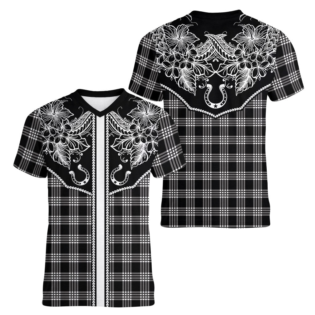 Hawai'i Paniolo Motif Black Women V-Neck T-Shirt Floral Palaka Print LT7 - Polynesian Pride