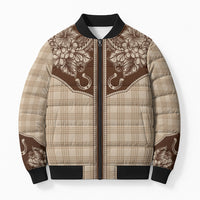 Hawai'i Paniolo Motif Leather Brown Bomber Puffer Jacket Floral Palaka Print LT7 Unisex Brown - Polynesian Pride