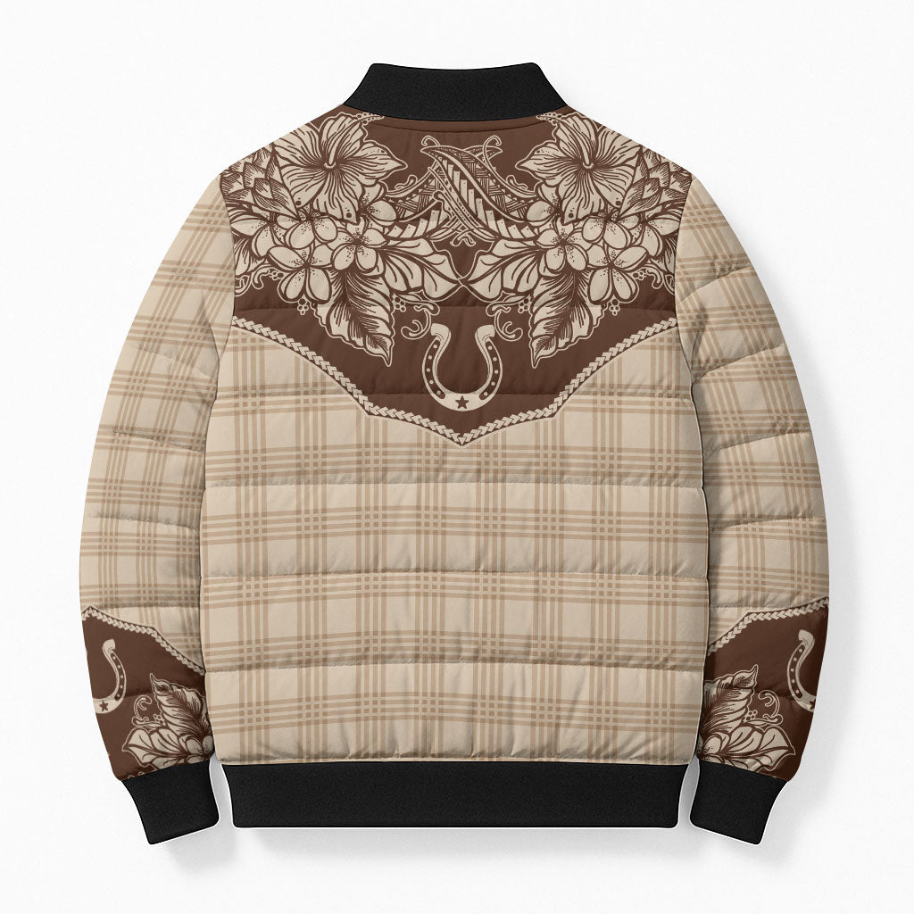 Hawai'i Paniolo Motif Leather Brown Bomber Puffer Jacket Floral Palaka Print LT7 - Polynesian Pride