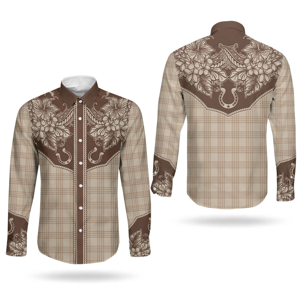 Hawai'i Paniolo Motif Leather Brown Couples Matching Off Shoulder Maxi Dress and Long Sleeve Button Shirt Floral Palaka Print LT7 - Polynesian Pride