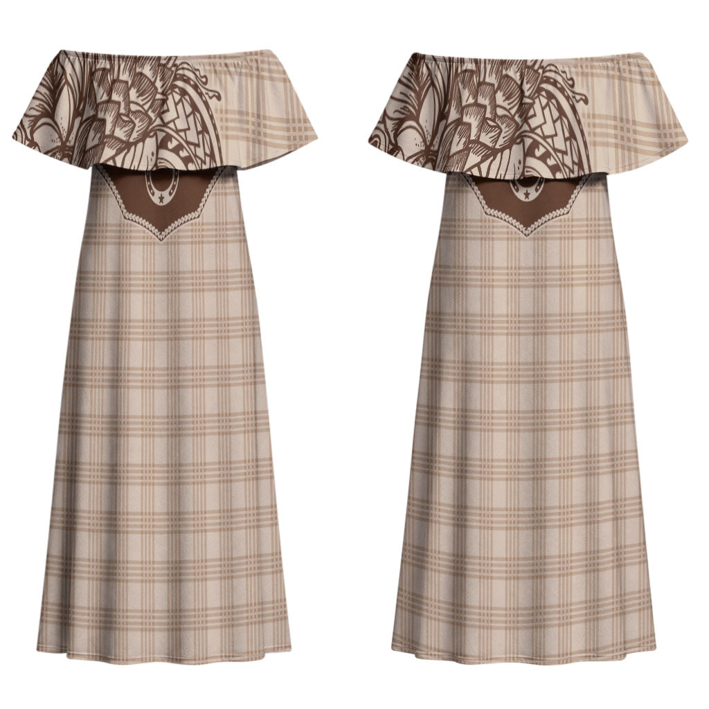 Hawai'i Paniolo Motif Leather Brown Couples Matching Off Shoulder Maxi Dress and Long Sleeve Button Shirt Floral Palaka Print LT7 - Polynesian Pride
