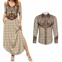 Hawai'i Paniolo Motif Leather Brown Couples Matching Summer Maxi Dress and Long Sleeve Button Shirt Floral Palaka Print LT7 Brown - Polynesian Pride