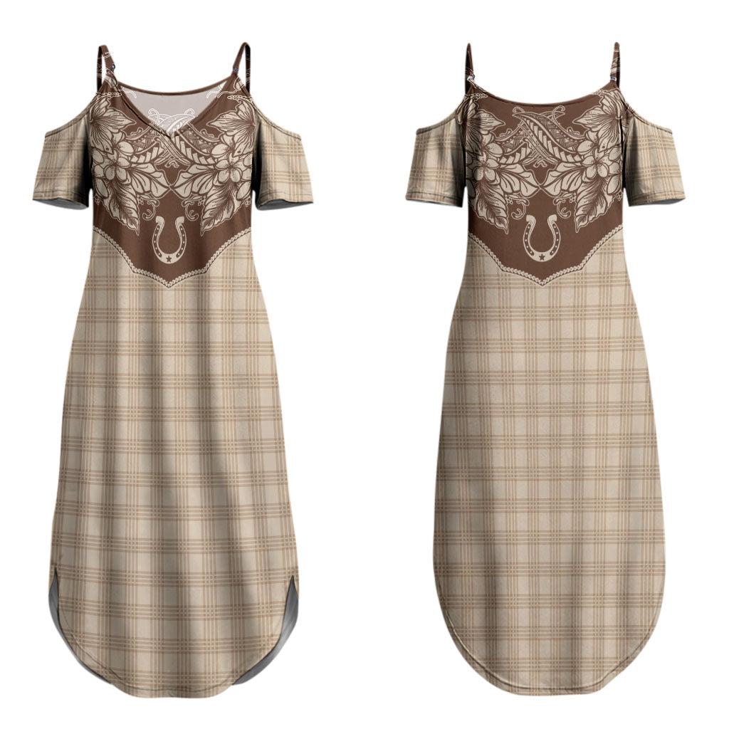 Hawai'i Paniolo Motif Leather Brown Couples Matching Summer Maxi Dress and Long Sleeve Button Shirt Floral Palaka Print LT7 - Polynesian Pride