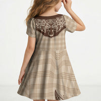Hawai'i Paniolo Motif Leather Brown Kid Short Sleeve Dress Floral Palaka Print LT7 - Polynesian Pride