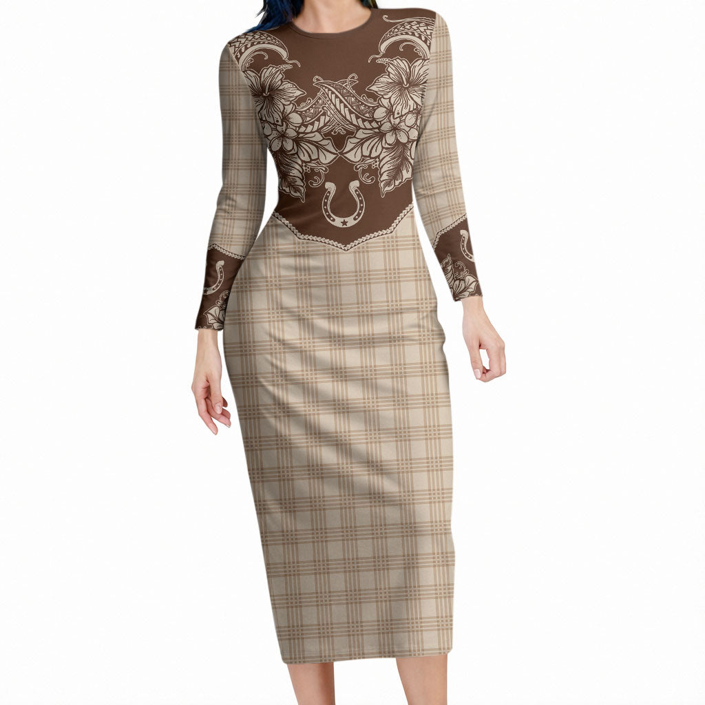 Hawai'i Paniolo Motif Leather Brown Long Sleeve Bodycon Dress Floral Palaka Print LT7 Long Dress Brown - Polynesian Pride
