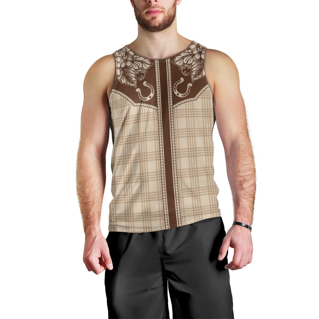 Hawai'i Paniolo Motif Leather Brown Men Tank Top Floral Palaka Print LT7 - Polynesian Pride
