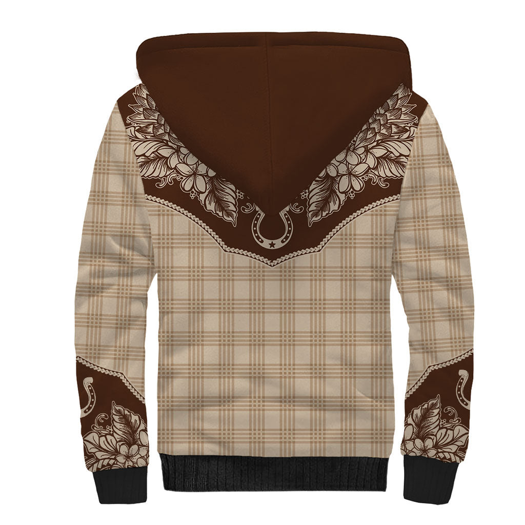 Hawai'i Paniolo Motif Leather Brown Sherpa Hoodie Floral Palaka Print LT7 - Polynesian Pride