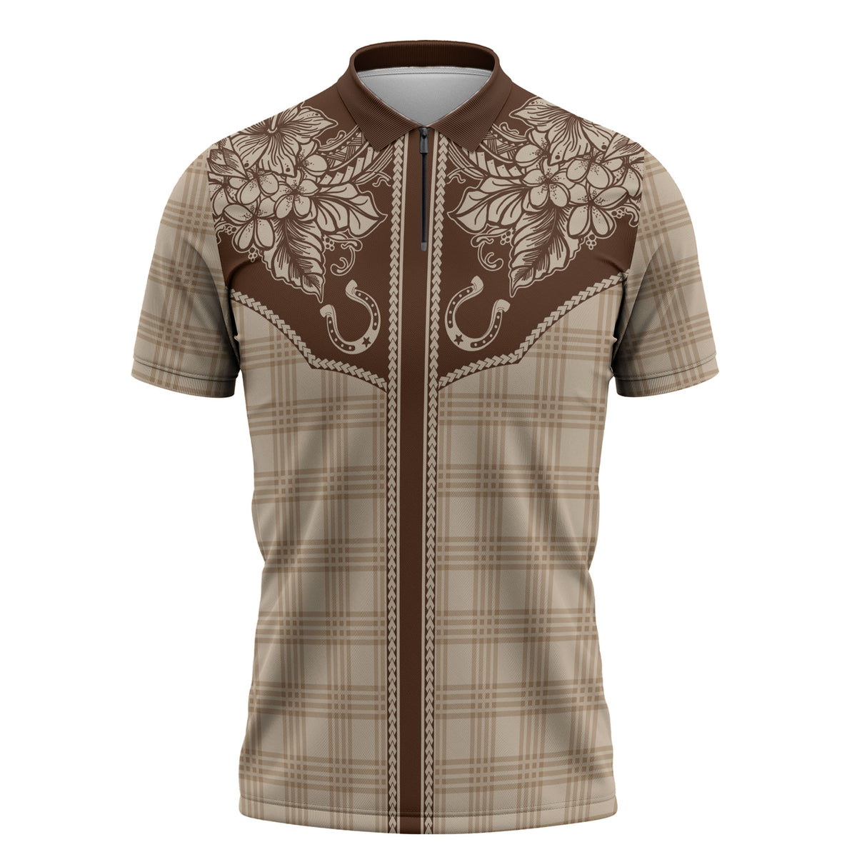 Hawai'i Paniolo Motif Leather Brown Zipper Polo Shirt Floral Palaka Print LT7 Brown - Polynesian Pride