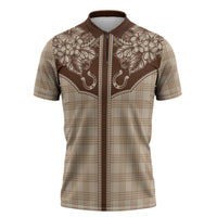 Hawai'i Paniolo Motif Leather Brown Zipper Polo Shirt Floral Palaka Print LT7 Brown - Polynesian Pride