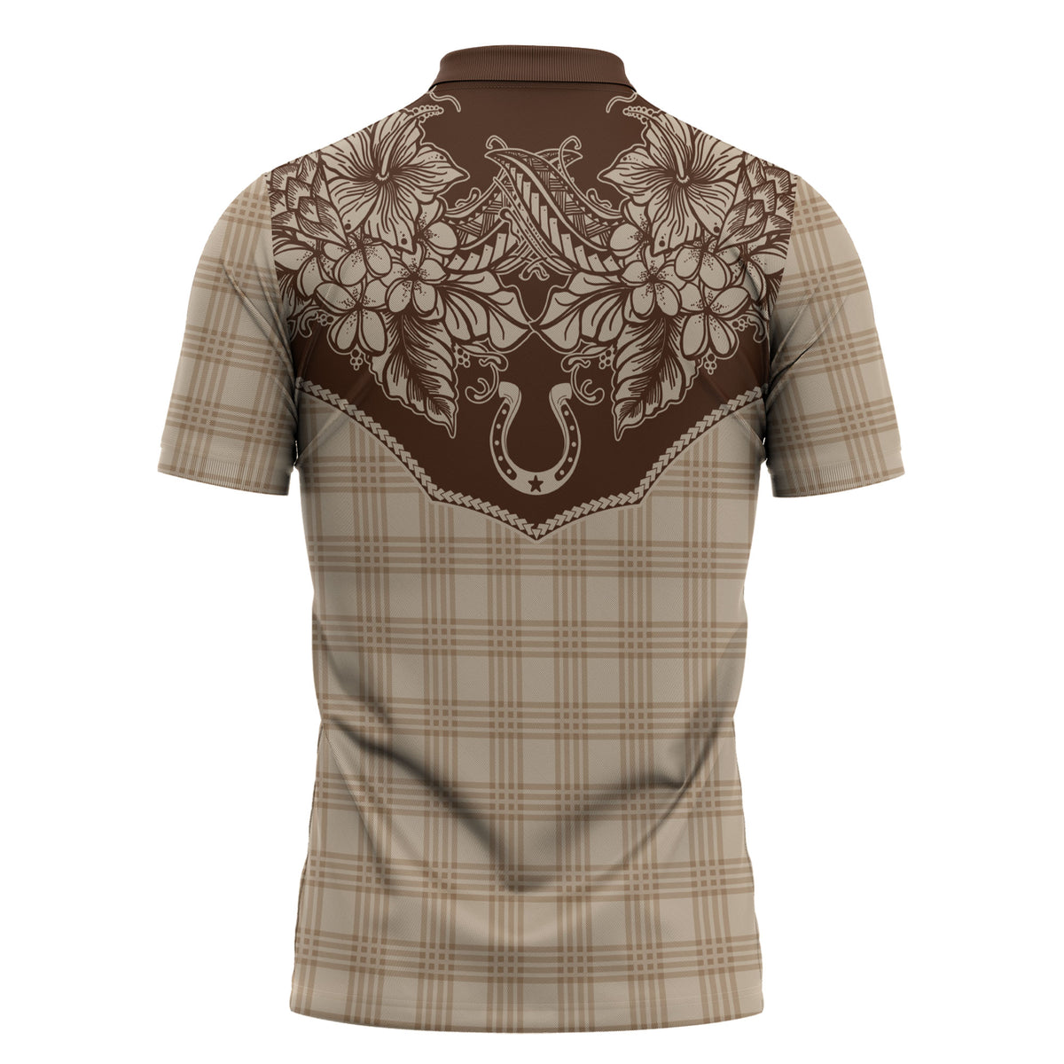 Hawai'i Paniolo Motif Leather Brown Zipper Polo Shirt Floral Palaka Print LT7 - Polynesian Pride