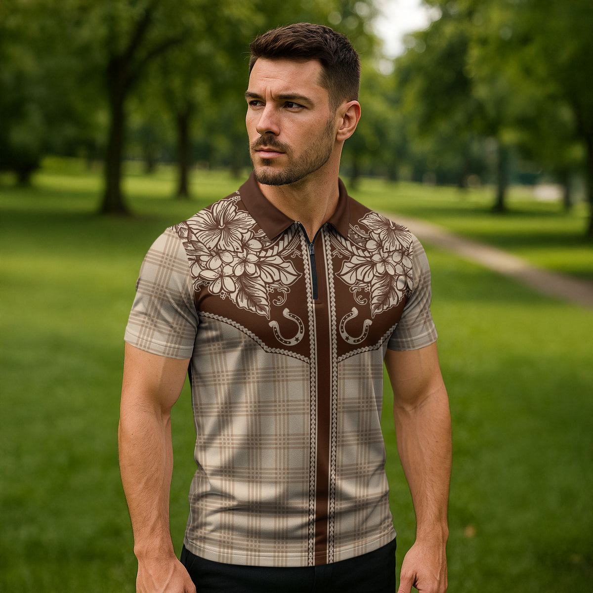 Hawai'i Paniolo Motif Leather Brown Zipper Polo Shirt Floral Palaka Print LT7 - Polynesian Pride