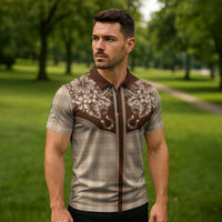 Hawai'i Paniolo Motif Leather Brown Zipper Polo Shirt Floral Palaka Print LT7 - Polynesian Pride