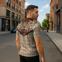 Hawai'i Paniolo Motif Leather Brown Zipper Polo Shirt Floral Palaka Print LT7 - Polynesian Pride