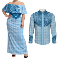 Hawai'i Paniolo Motif Deep Blue Couples Matching Off Shoulder Maxi Dress and Long Sleeve Button Shirt Floral Palaka Print LT7 Navy Blue - Polynesian Pride