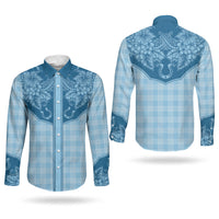 Hawai'i Paniolo Motif Deep Blue Couples Matching Off Shoulder Maxi Dress and Long Sleeve Button Shirt Floral Palaka Print LT7 - Polynesian Pride