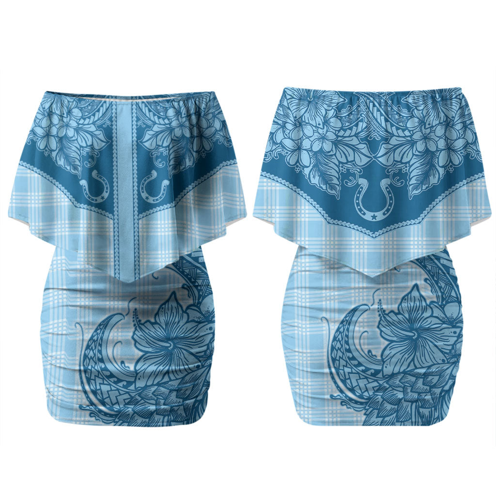 Hawai'i Paniolo Motif Deep Blue Couples Matching Off Shoulder Short Dress and Hawaiian Shirt Floral Palaka Print LT7 - Polynesian Pride