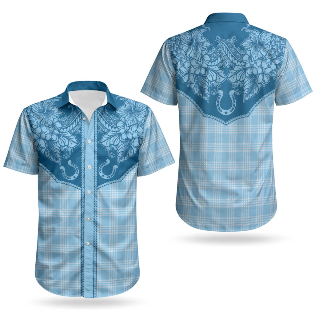 Hawai'i Paniolo Motif Deep Blue Couples Matching Off Shoulder Short Dress and Hawaiian Shirt Floral Palaka Print LT7 - Polynesian Pride