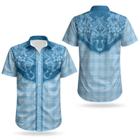 Hawai'i Paniolo Motif Deep Blue Couples Matching Off Shoulder Short Dress and Hawaiian Shirt Floral Palaka Print LT7 - Polynesian Pride