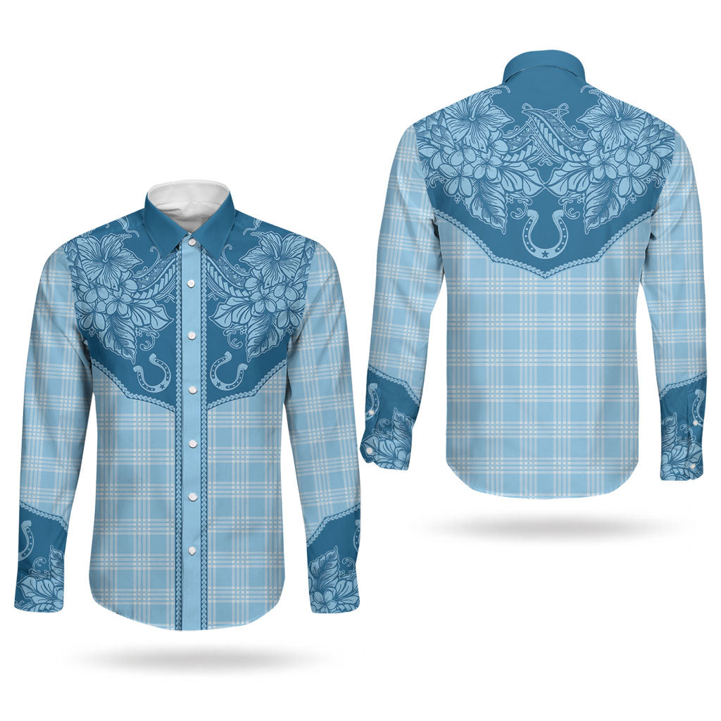 Hawai'i Paniolo Motif Deep Blue Couples Matching Off The Shoulder Long Sleeve Dress and Long Sleeve Button Shirt Floral Palaka Print LT7 - Polynesian Pride