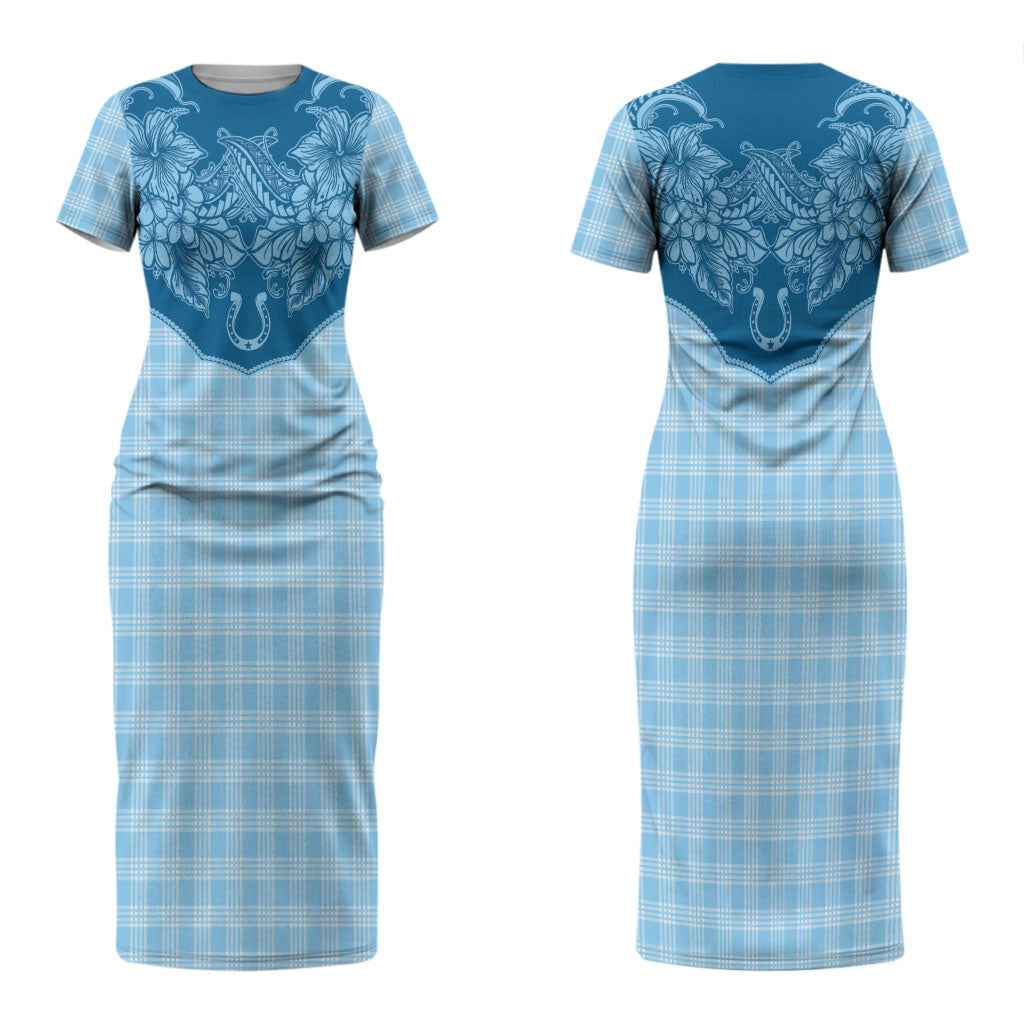Hawai'i Paniolo Motif Deep Blue Couples Matching Short Sleeve Bodycon Dress and Long Sleeve Button Shirt Floral Palaka Print LT7 - Polynesian Pride