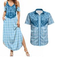 Hawai'i Paniolo Motif Deep Blue Couples Matching Summer Maxi Dress and Hawaiian Shirt Floral Palaka Print LT7 Navy Blue - Polynesian Pride