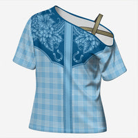 Hawai'i Paniolo Motif Deep Blue Cross Shoulder Shirt Floral Palaka Print LT7 Female Navy Blue - Polynesian Pride