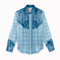 Hawai'i Paniolo Motif Deep Blue Women Casual Shirt Floral Palaka Print LT7 - Polynesian Pride
