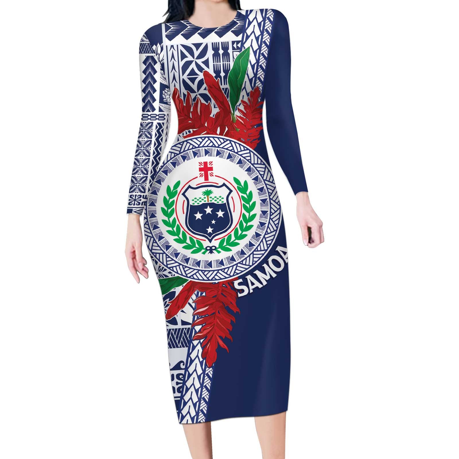 Samoa Rugby Personalized Long Sleeve Bodycon Dress Toa Samoa Myriad Siapo