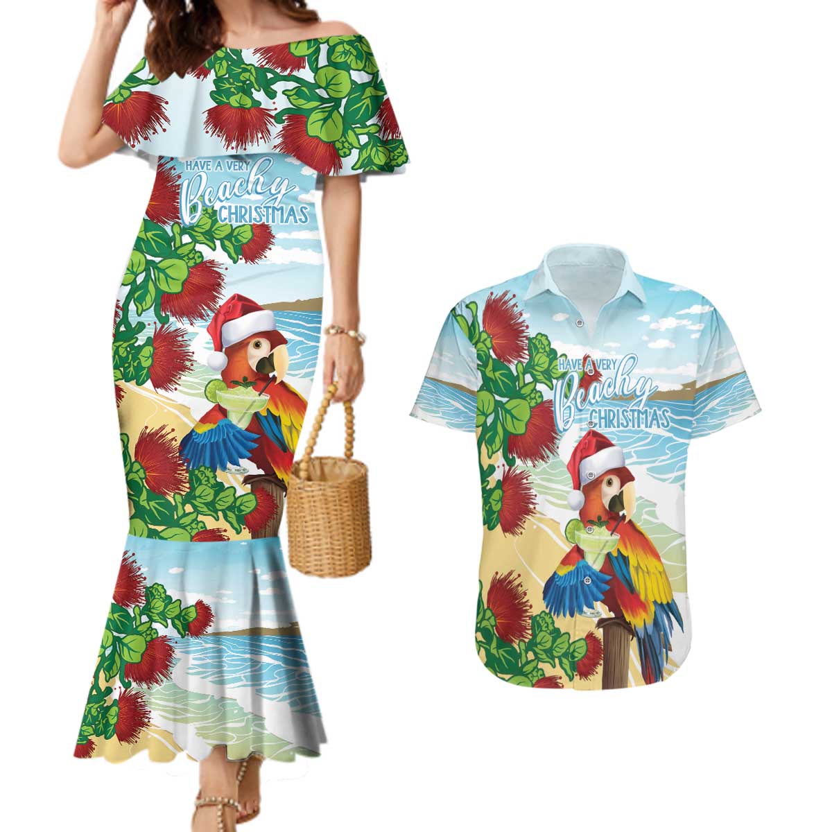 Have A Very Beach Christmas Couples Matching Mermaid Dress and Hawaiian Shirt Parrot By Lehua Flower - Polynesian Pride