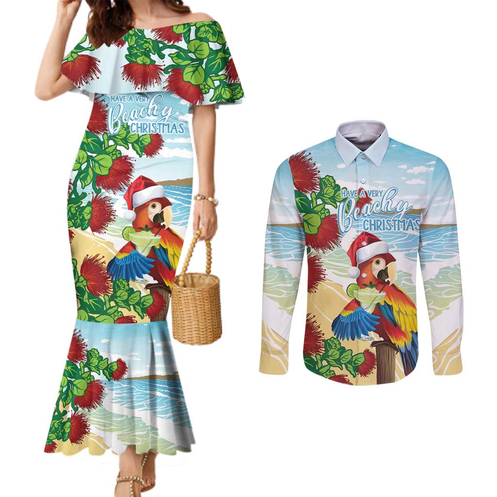Have A Very Beach Christmas Couples Matching Mermaid Dress and Long Sleeve Button Shirt Parrot By Lehua Flower - Polynesian Pride