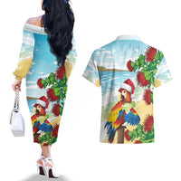 Have A Very Beach Christmas Couples Matching Off The Shoulder Long Sleeve Dress and Hawaiian Shirt Parrot By Lehua Flower - Polynesian Pride
